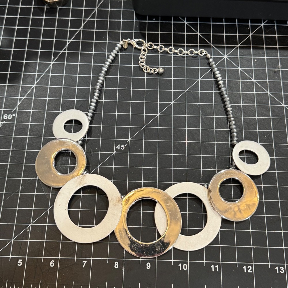 Chico's Silver Tone‎ and White Geometric Circle Statement Bib Necklace 21 Inch